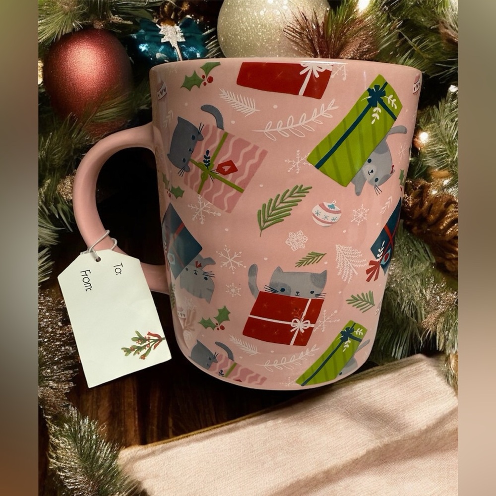 Festive Pink Cat Holiday Mug - Picture 2 of 4